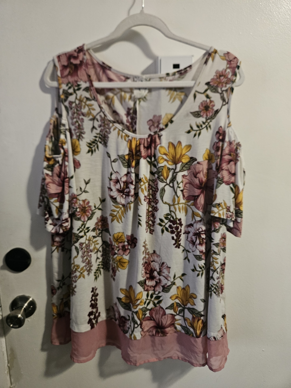 Floral Cold-Shoulder Women’s Top - White with Pink & Yellow Floral Print